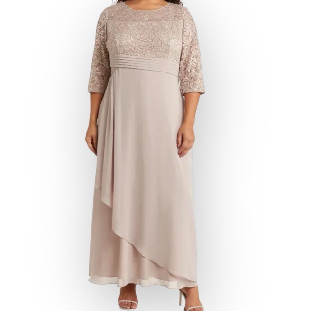 Alex Evenings 16 P Nude Beige Sequin Lace Empire Waist Gown Formal Needs Zipper